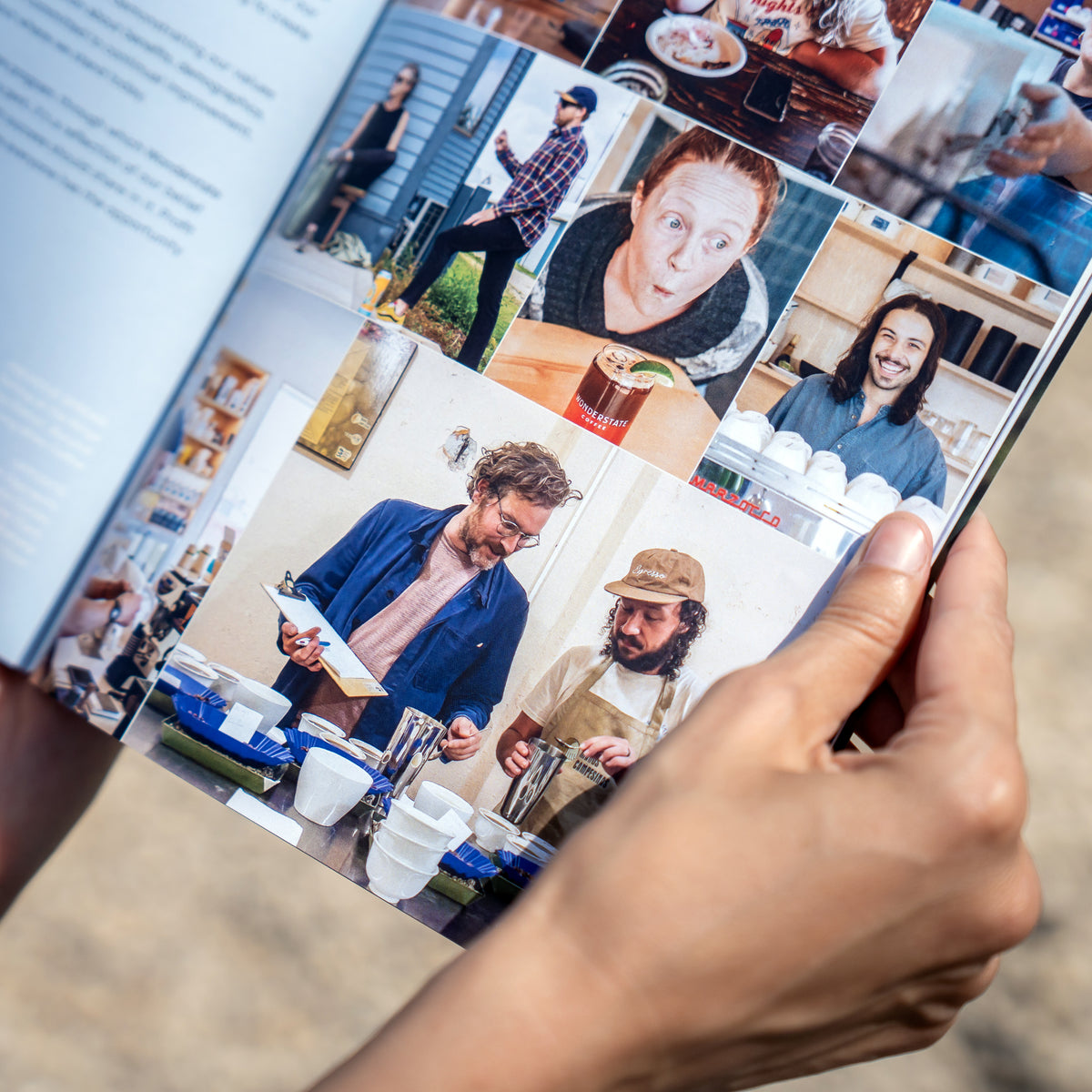 Hand holding a smartphone with a photo album app open, displaying images of people and activities.
