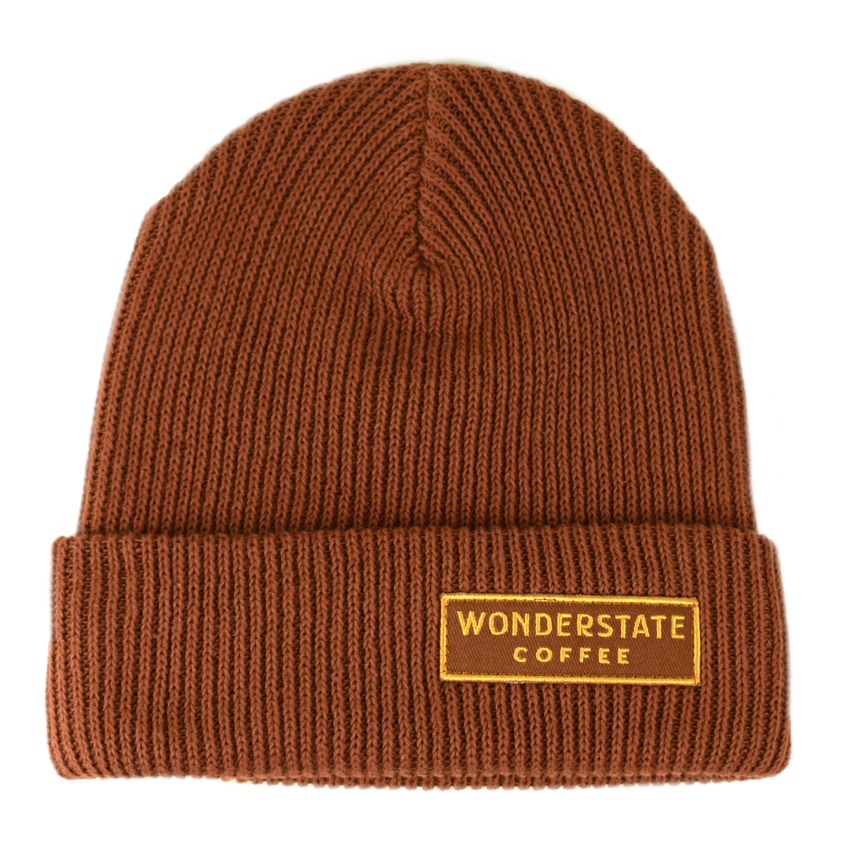 A brown beanie with the 'Wonderstate Coffee' brand tag on the fold.