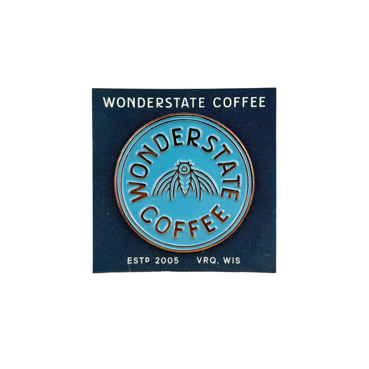 Wonderstate Coffee pin with logo on a blue background