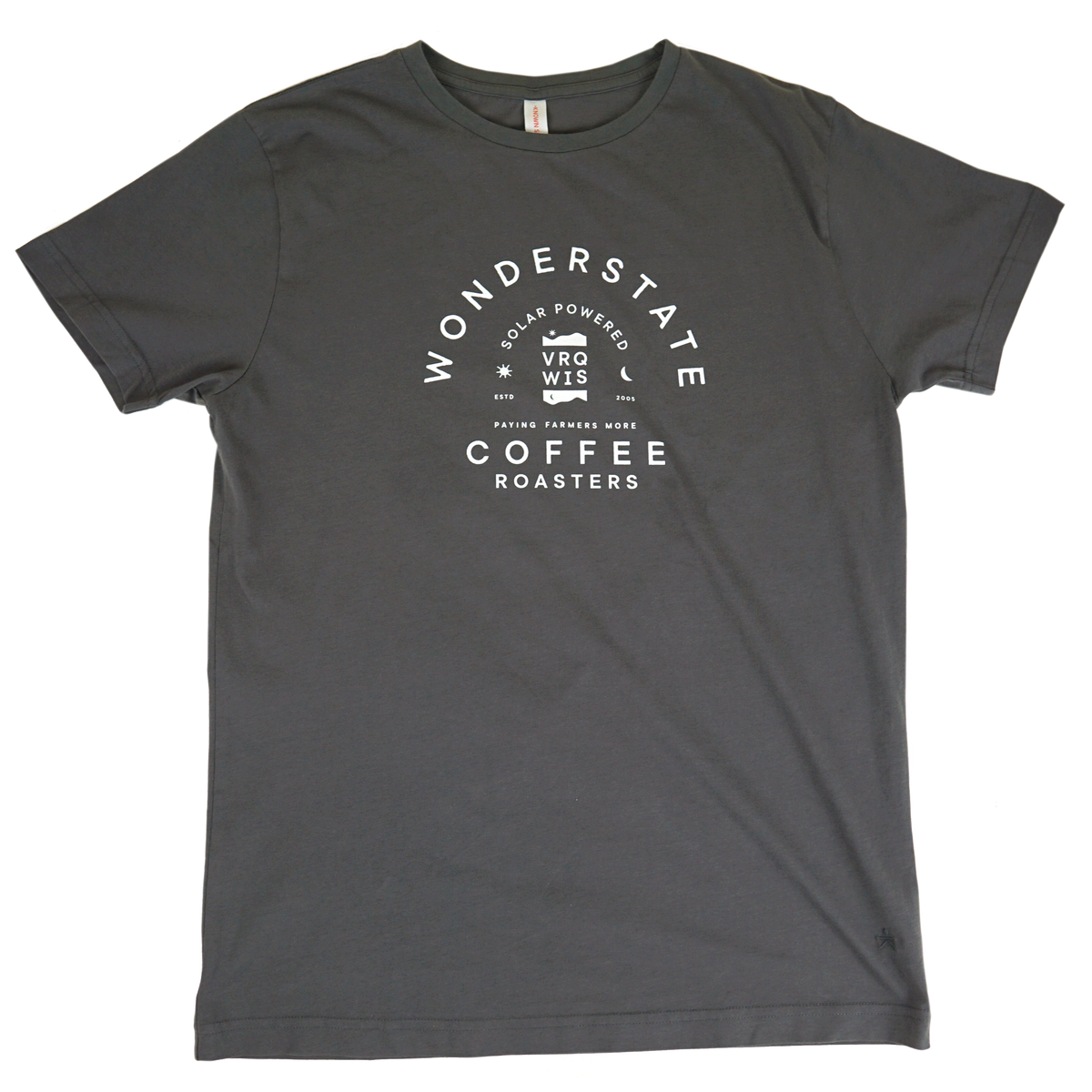 A gray t-shirt with the text 'WONDERSTATE COFFEE ROASTERS' printed on the front.