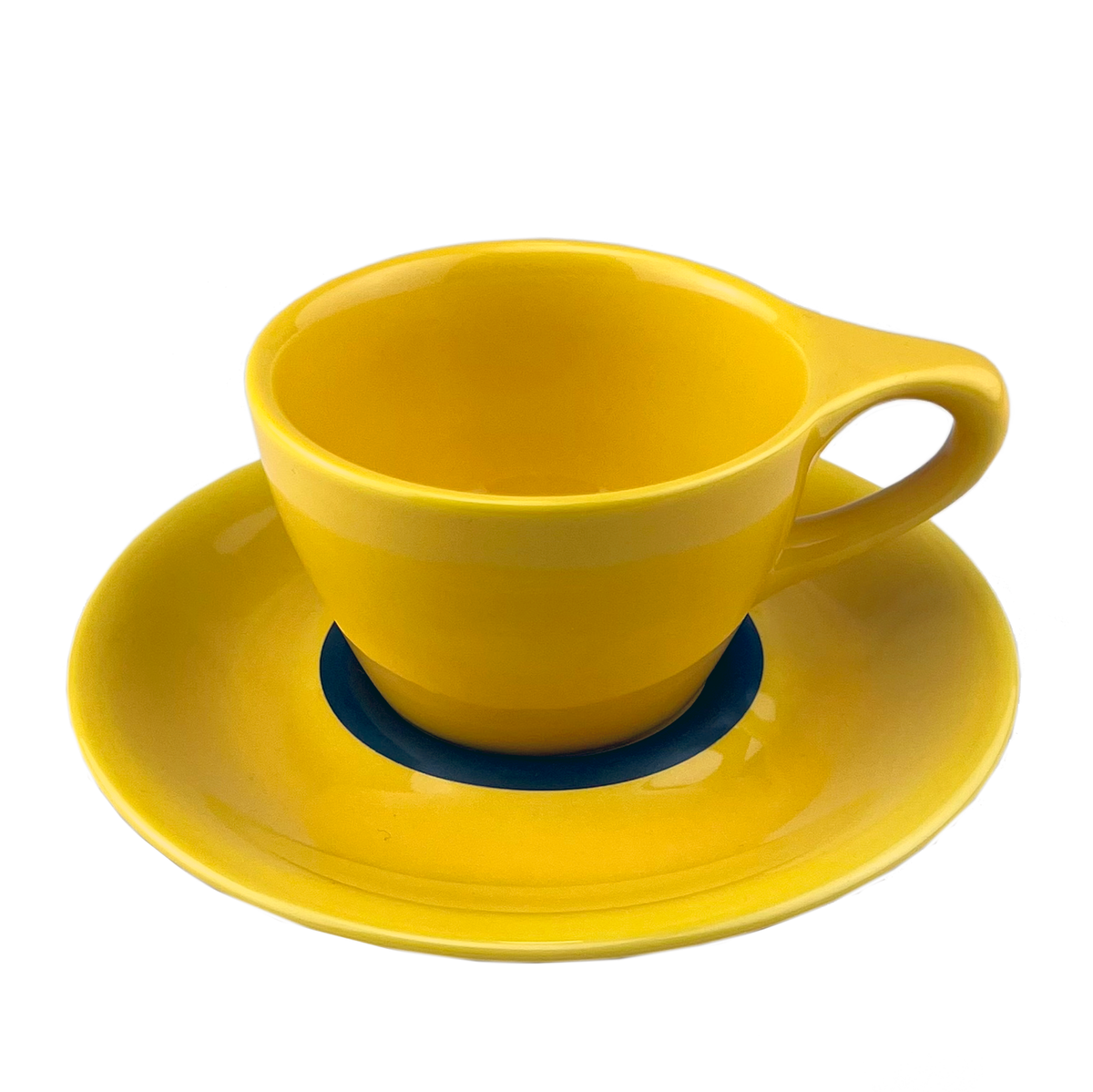 A yellow porcelain coffee cup with a saucer, against a white background.