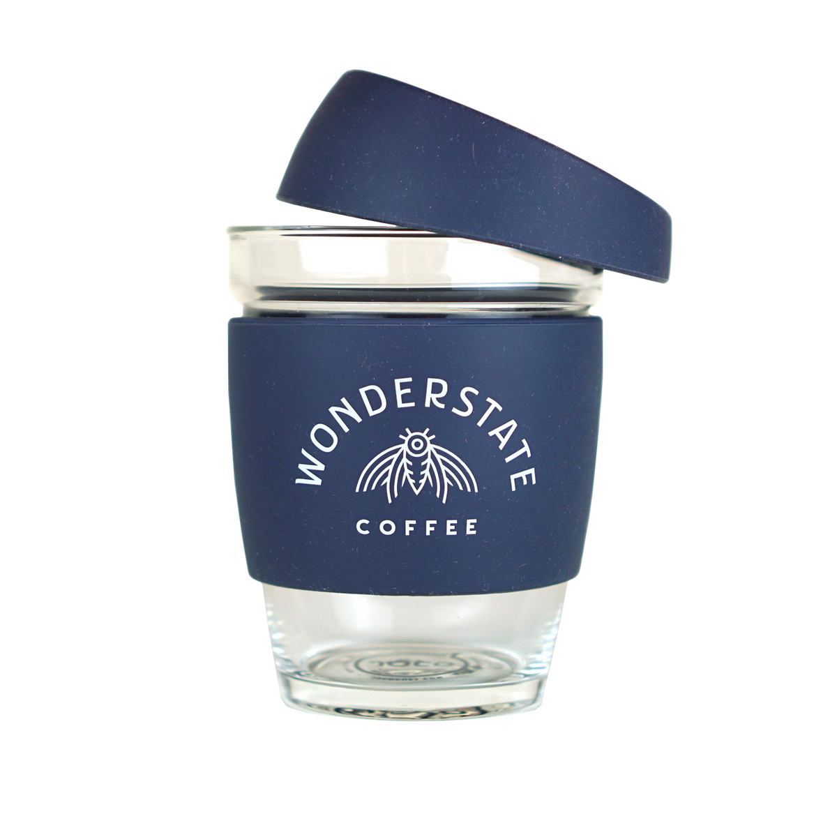 A clear reusable glass cup with a navy blue lid, featuring the 'Wonderstate Coffee' logo on the side.