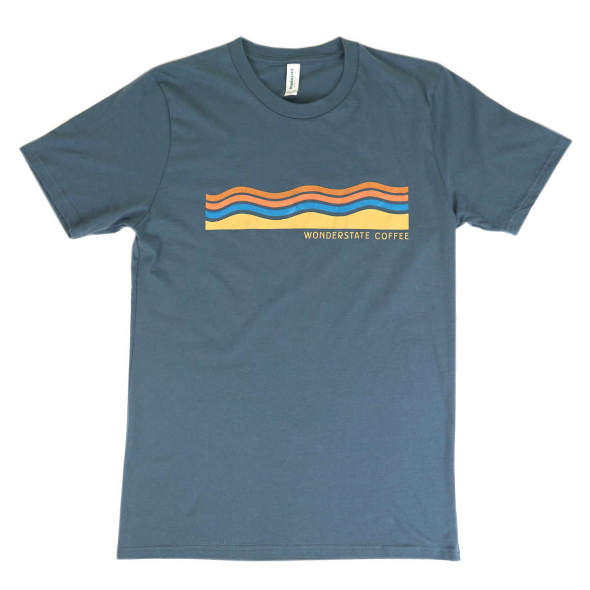 A gray t-shirt with a colorful wavy graphic design on the front and the text 'WONDERSTATE COFFEE' at the bottom.