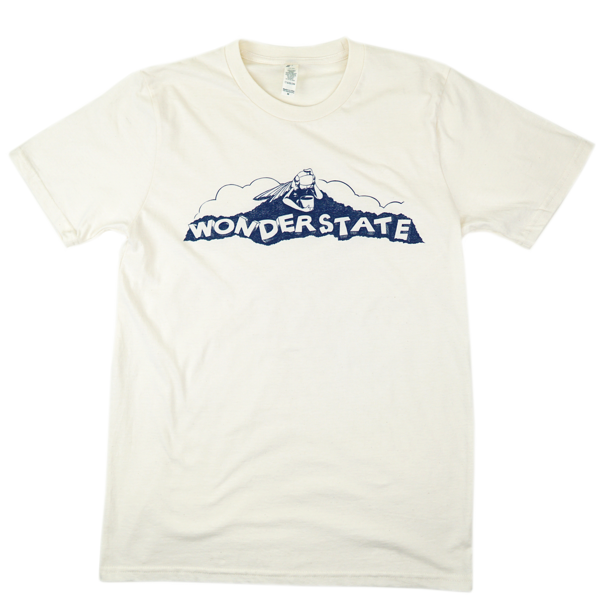 illustration of a tired cicada on wonderstate text placed on the chest of a white t-shirt