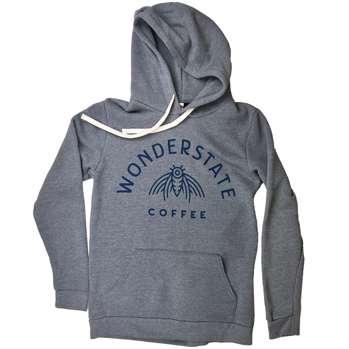 A heather grey pullover hoodie with 'Wonderstate Coffee' printed on the front and a logo on the back.